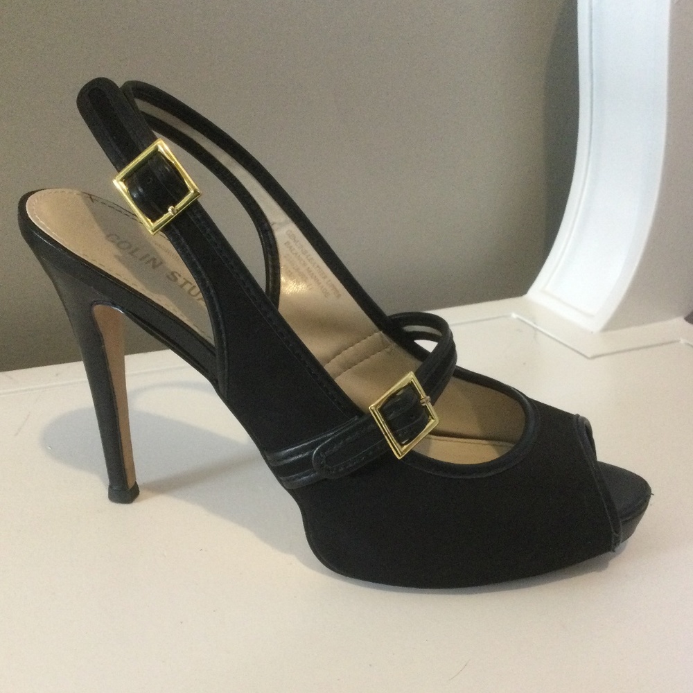Colin Stuart black suede and leather open toe heel